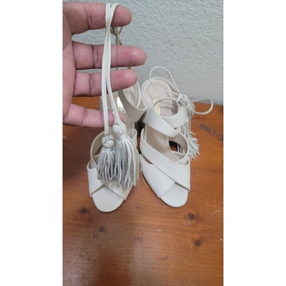 Louise et cie Open-Toe Block Pump Heel Sandals With Tassel Ankle Ties In Ivory - Picture 12 of 12